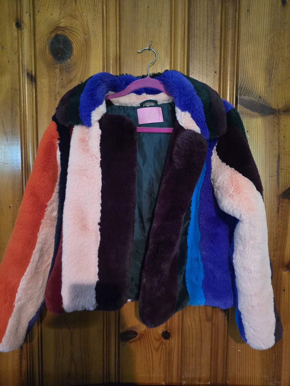 Multicolor Faux Fur Bomber Jacket - Women's Bold Stripe Coat - Picture 16 of 16